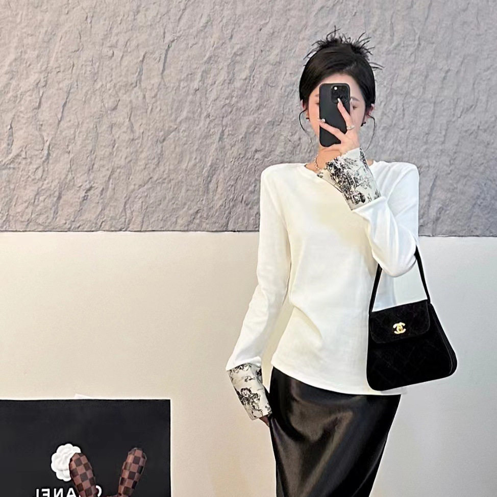 2025秋季水墨画提花国风T恤打底衫圆领修身显瘦女衫水墨画国风