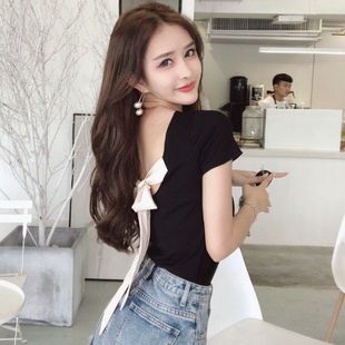 短袖t恤女夏季修身显瘦露背后背蝴蝶结系带绑带小心机半袖上衣潮