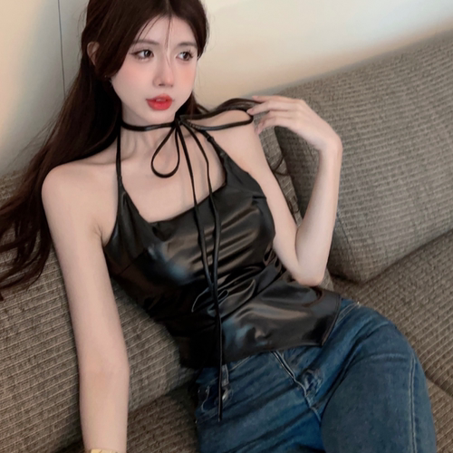 纯欲PU皮性感挂脖吊带背心女甜酷辣妹外穿显瘦锁骨设计感短款上衣