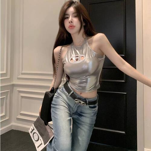千禧y2k美式金属亮面吊带背心女夏外穿纯欲辣妹性感挂脖抹胸上衣