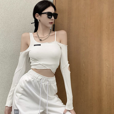 jazz跳舞kpop爵士上衣欧美甜辣妹短款不规则露肩长袖t恤显瘦打底