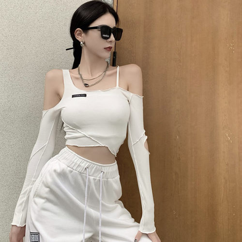 jazz跳舞kpop爵士上衣欧美甜辣妹短款不规则露肩长袖t恤显瘦打底