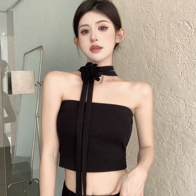 夏季辣妹风立体花朵抹胸挂脖背心女内搭外穿高级感别致短款上衣潮