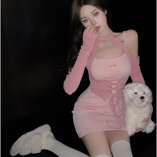 甜酷辣妹長袖 純欲風性感小個子綁帶收腰包臀短裙 掛脖連衣裙女秋季