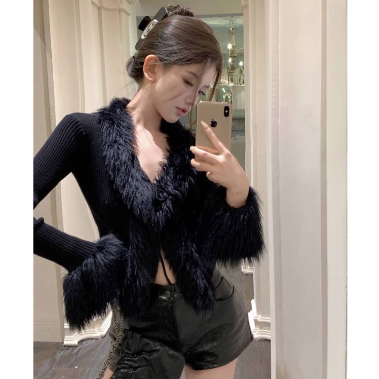 法式气质毛毛边v领针织开衫女秋冬新款纯欲辣妹上衣内搭毛衣外套