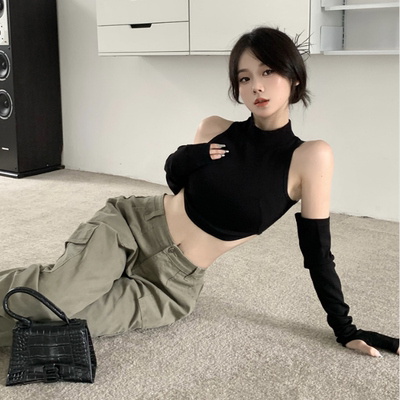 黑色工字针织吊带背心女夏季辣妹性感露脐短款半高领爵士袖套上衣