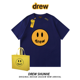 宽松重磅纯棉男女情侣休闲半袖 drew潮牌笑脸经典 T恤美式 款 ins 短袖