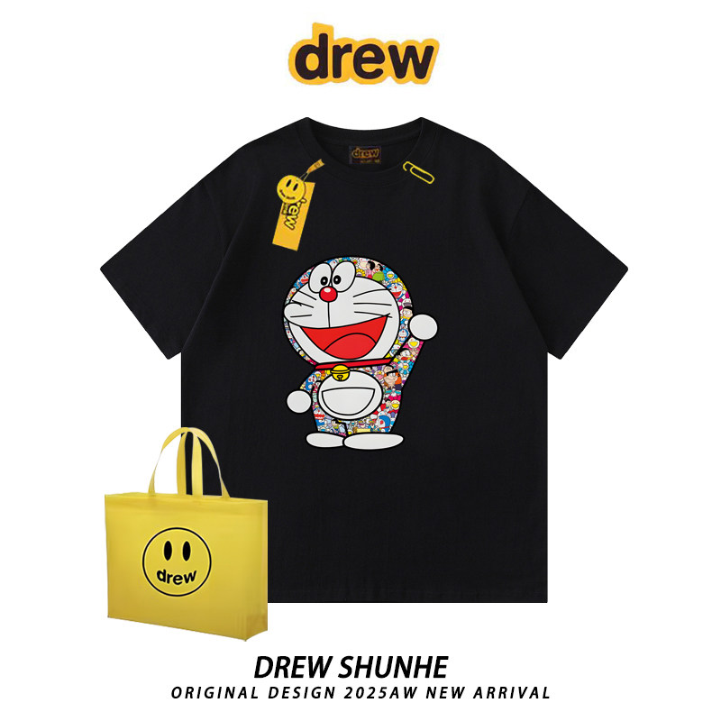 drew潮牌联名哆啦A梦短袖T恤美式街头重磅宽松纯棉男女情侣装半袖