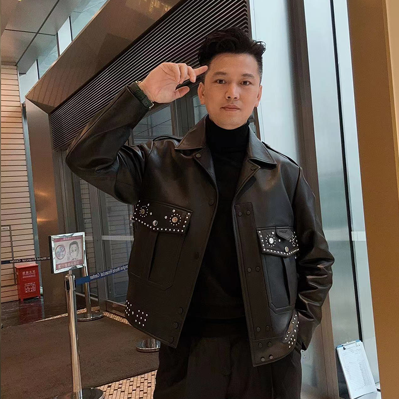 原创小众新设计进口绵羊皮时尚男装休闲个性铆钉男士外套青年潮款