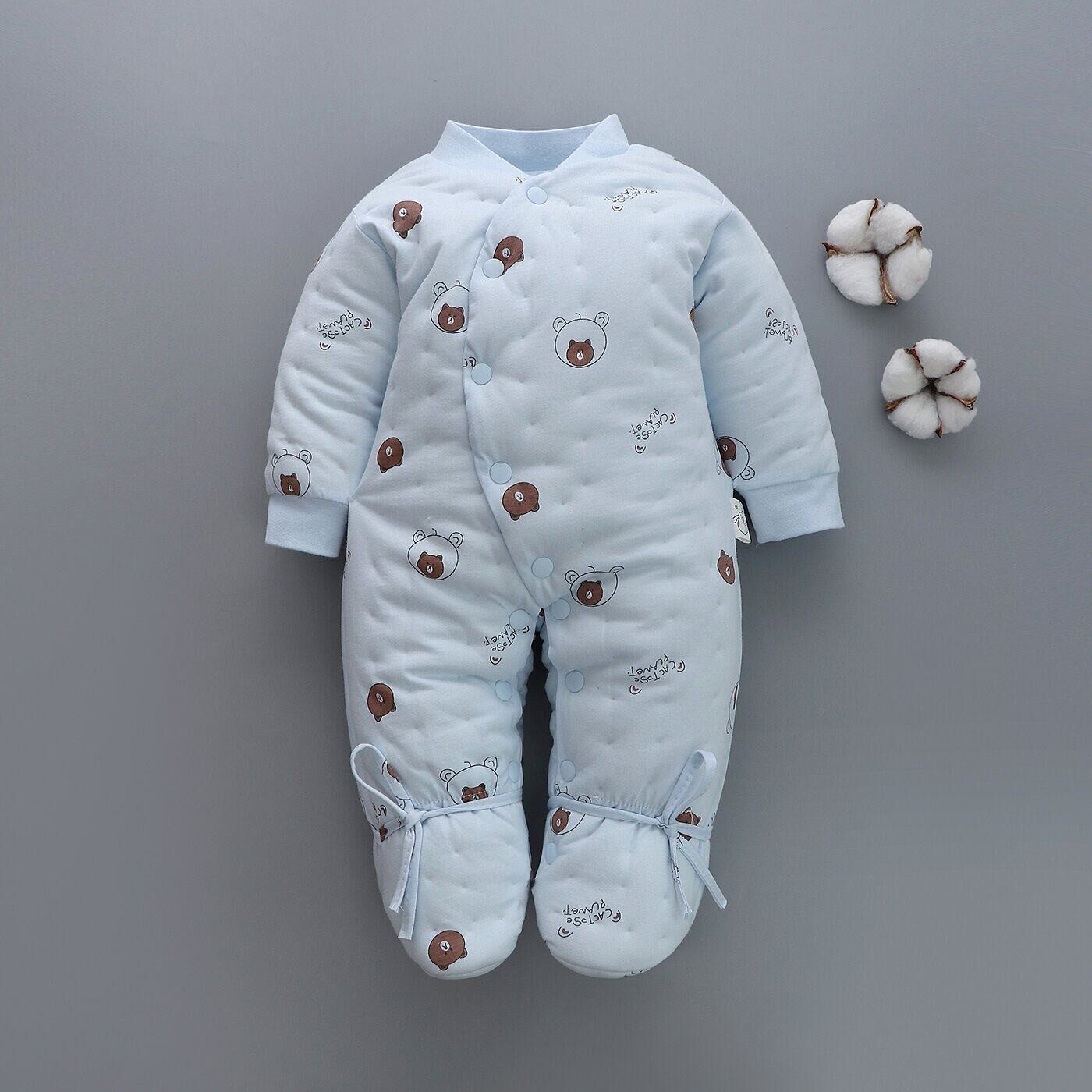 婴幼儿棉花手工包脚连体按扣到脚踝春季薄款保暖中厚宝宝爬服外出