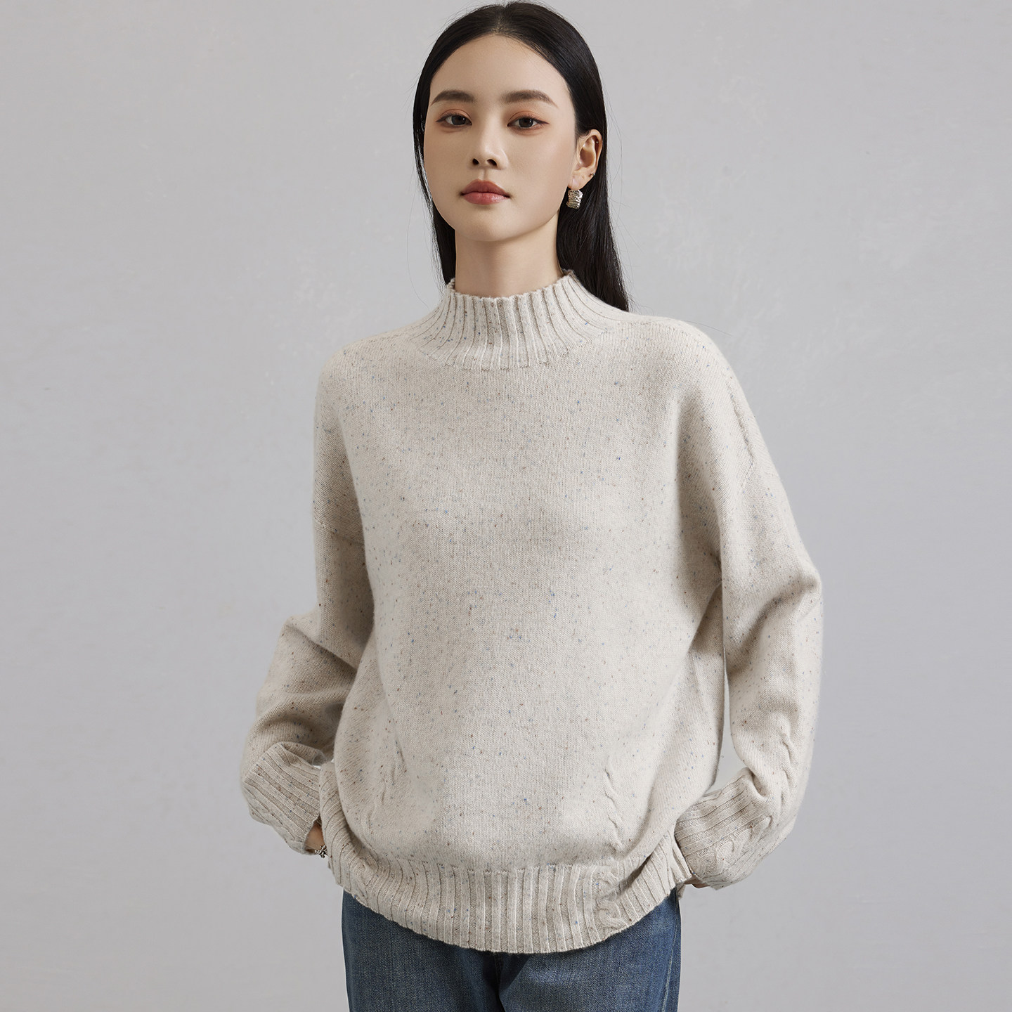 博尼奴彩点双股加厚纯羊绒衫女装高领宽松套头针织毛衣保暖打底衫