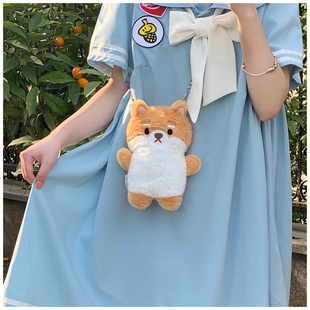 可爱卡通熊猫斜挎包ins柴犬狗狗毛绒手机包 故事 熊猫与柴犬