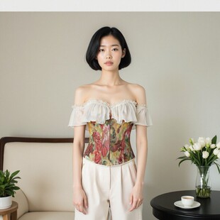 风情复古油画风复古荷叶边一字露肩宫廷胸衣性感束身衣 corset法式
