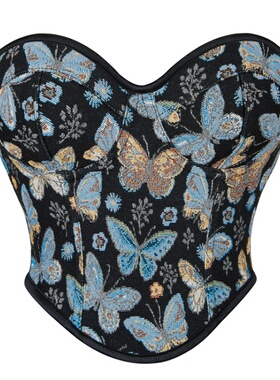 欧美法式蓝色蝴蝶花纹抹胸聚拢女士塑身上衣外穿刺绣胸衣corset