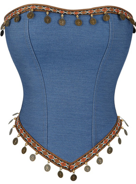 新款蓝色带铜色圆形装饰女士抹胸托胸聚拢宫廷聚拢美体上衣小礼服