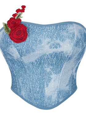 2025新款蓝色牛仔布车缝玫瑰花女士抹胸托胸聚拢宫廷塑身上衣