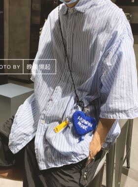 自制手工编织humanmade蓝色爱心钱包 编织爱心零钱包挂包挂件