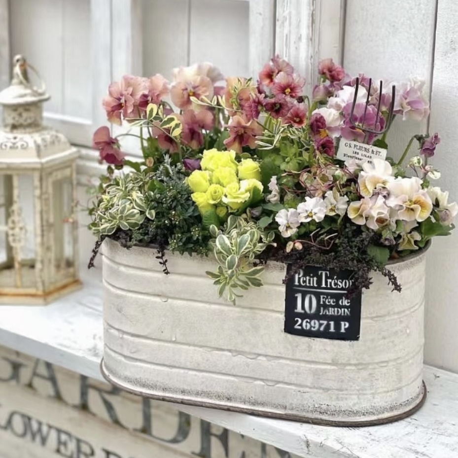 日系铁艺做旧椭圆直身花盆