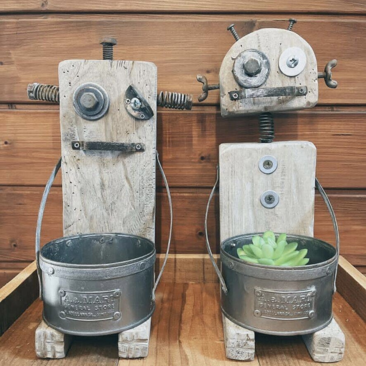 铁艺木制机器人花盆组合摆件庭院花园装饰品创意个性木制花盆日系