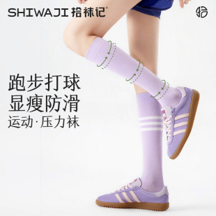 拾袜记条纹运动压力袜显瘦小腿袜女防滑跑步骑行健身压缩长筒袜子