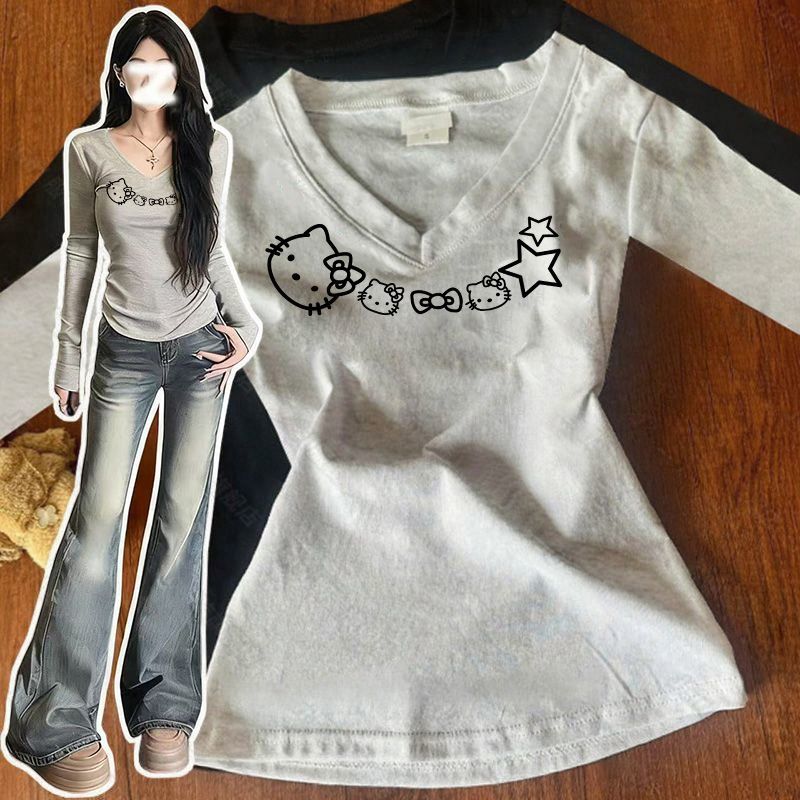 正肩V领长袖T恤女秋冬款纯欲辣妹