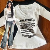 韩系chic正肩修身 V领收腰显瘦洋气百搭ins上衣 新款 长袖 t恤女秋季