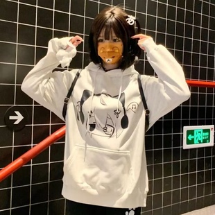 新款 100%纯棉日系卡通连帽卫衣女秋冬季 宽松慵懒风设计感上衣外套