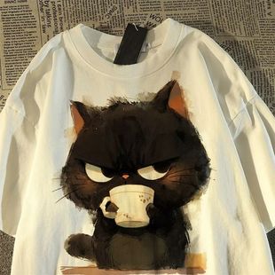 小猫纯棉短袖 vintage美式 t恤女男ins潮牌宽松复古港味chic上衣夏