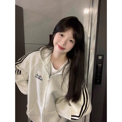 美式hiphop三条杠连帽开衫卫衣女