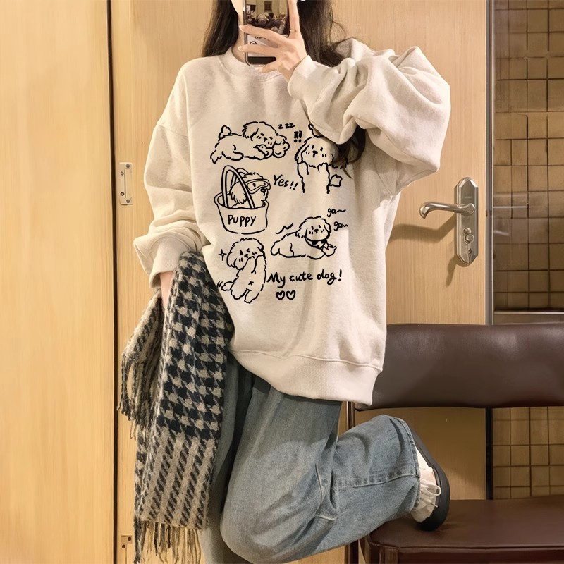 100%纯棉卡通印花圆领卫衣女秋冬