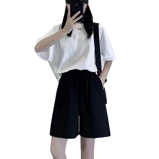 黑色五分休闲运动短裤女学生韩版宽松显瘦百搭外穿高腰阔腿裤女夏