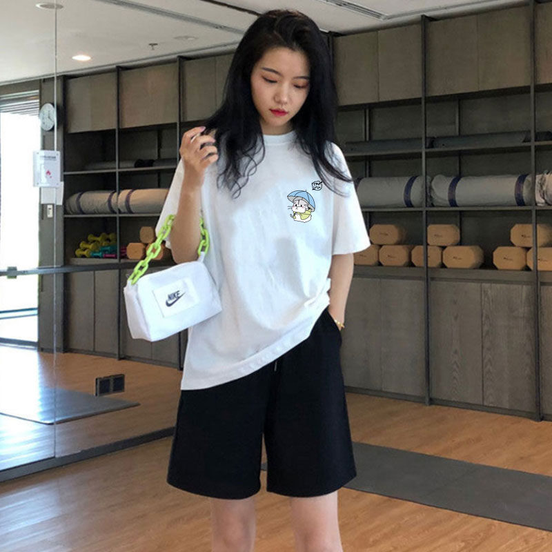 작은 캐주얼 운동복 정장 여성 순수 코튼 티셔츠 학생 여름 느슨한 달리기 반팔 반바지 2 피스 세트