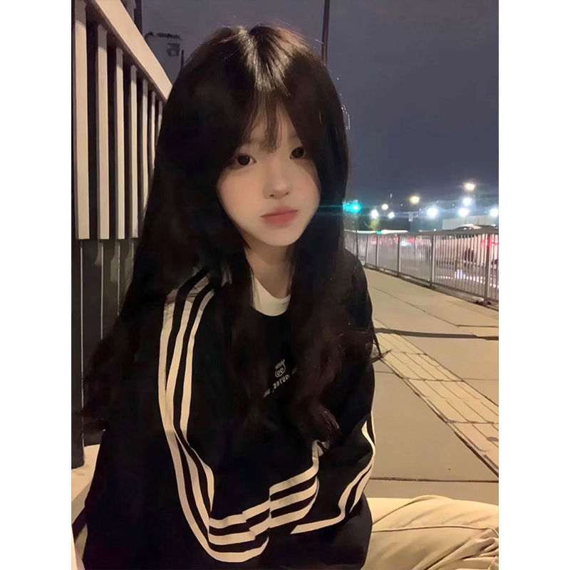 条纹设计感小众圆领插肩卫衣加绒