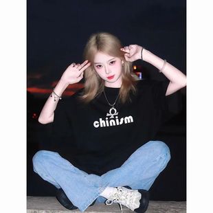 100%纯棉美式 港风chic宽松显瘦设计感小众上衣 潮牌短袖 t恤女夏季