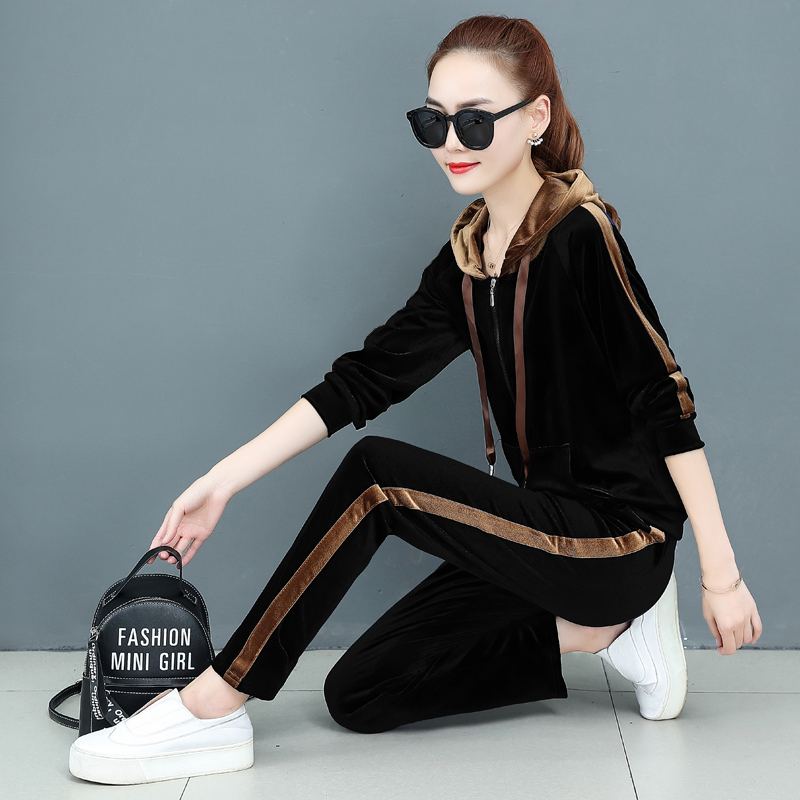 金丝/天鹅绒休闲运动套装女秋装2024大码女装连帽运动服两件套潮
