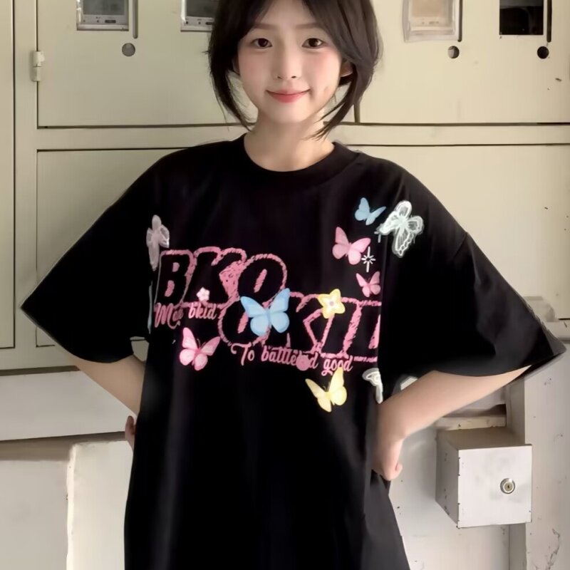 美式潮牌蝴蝶群字母印花短袖t恤女夏季宽松显瘦oversize学生上衣
