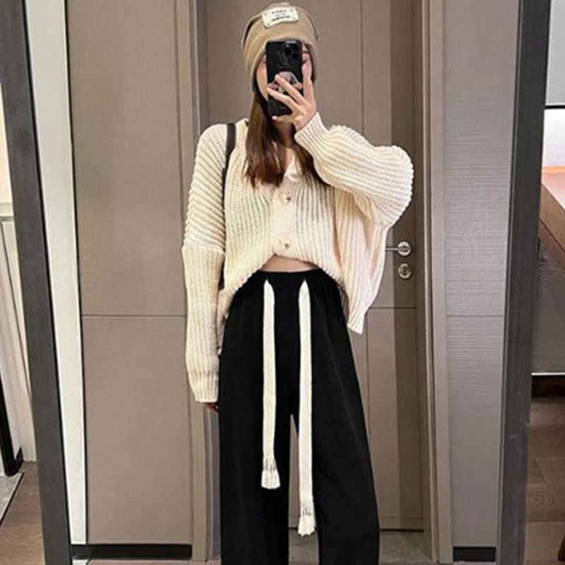 여학생을 위한 드로스트링 블랙 와이드 레그 팬츠 봄 여름 신상 하이웨이스트 루즈하고 다재다능한 드레이프 캐주얼 스포츠 스트레이트 팬츠