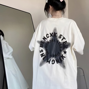 女夏季 寬松歐美高街情侶上衣ins 復古星星印花T恤短袖 100%純棉美式