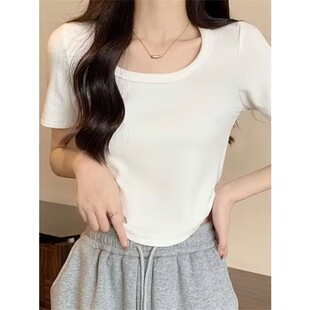 显瘦纯欲正肩露锁骨打底短款 美式 修身 女t恤夏季 上衣潮 复古U领短袖