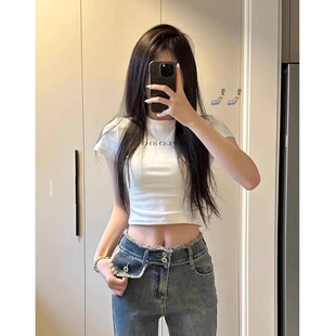 ins潮露脐显瘦正肩短袖 甜辣纯欲风美式 新款 高腰短款 t恤 上衣女夏季