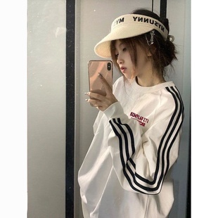 重磅美式潮牌三条杠圆领卫衣女秋冬加绒宽松oversize慵懒风上衣服