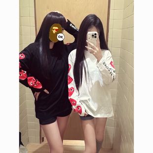 100%纯棉手臂印花爱心字母长袖 百搭女上衣早秋 宽松T恤设计感时尚