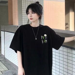 设计感小众高街印花宽松半袖 正肩t恤女夏季 上衣 复古纯棉短袖 美式