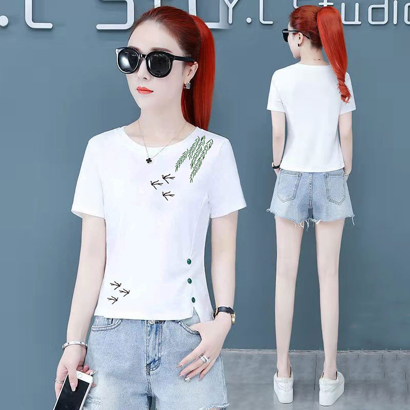 修身女装2024夏季新款显瘦遮肚短袖t恤胖妹妹不规则开叉正肩上衣