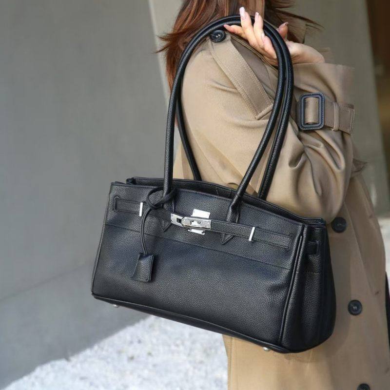 高级感真皮U型长柄腋下包女2025新款经典大容量牛皮铂金包托特包