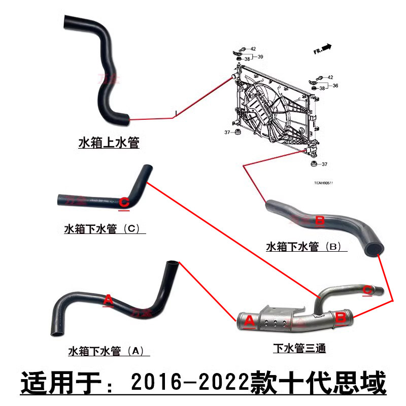 适用16-20款十代思域1.5T水箱上下水管回水管三通接头冷却液软管