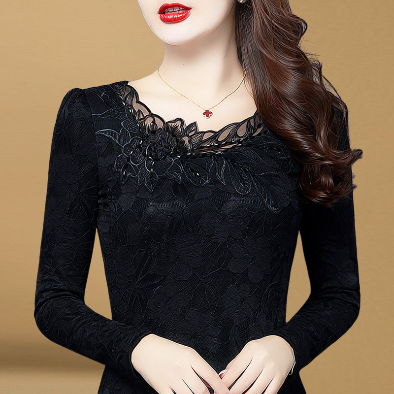 蕾丝打底衫女长袖2021冬季新款时尚低领绣花内搭加绒保暖T恤上衣