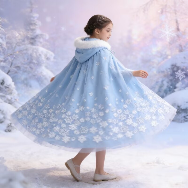 加厚冰雪奇缘公主披风斗篷女童秋冬艾莎毛领雪花刺绣防风外出披肩