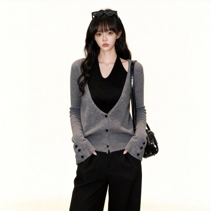 灰色假两件v领毛衣女2026春秋新款慵懒风宽松长袖针织打底衫上衣