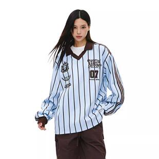 复古条纹polo翻领卫衣学院风男女宽松美式jerseyfit球服外套慵懒